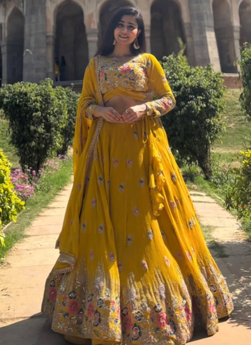 Georgette Floral Embroidery Work Yellow Haldi Special Lehenga Choli